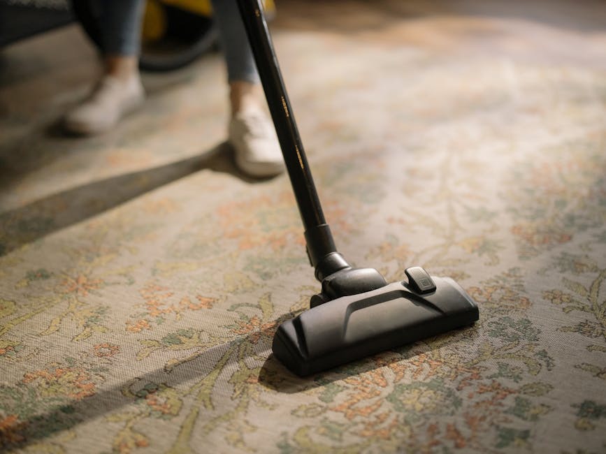 A close-up view of a person vacuuming a traditional patterned area rug with a black and grey upright vacuum cleaner, which is positioned on a well-maintained wooden floor adjacent to the rug. The pers
